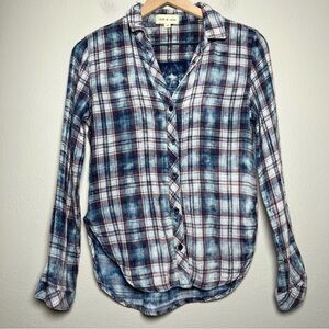 Cloth and Stone‎ Anthropologie Women Flannel Shirt XS Blue Plaid Gauze Grunge